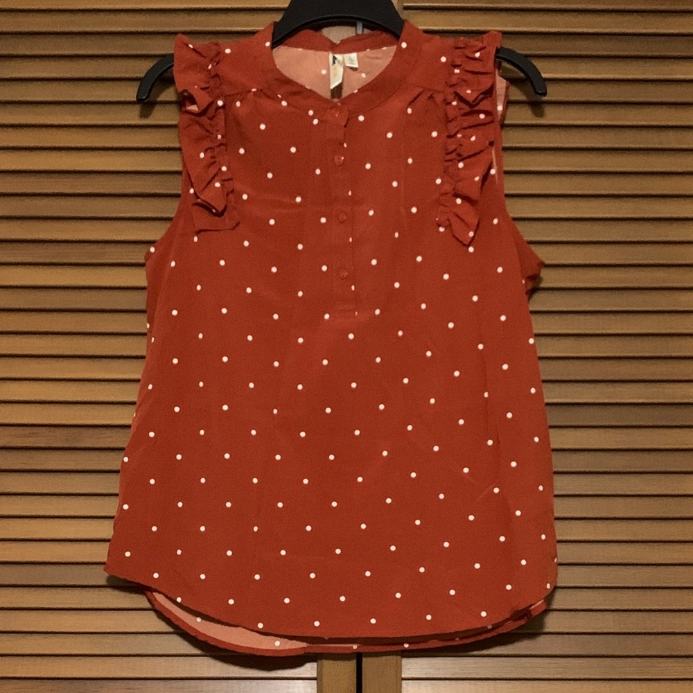 Lara Fashion Burnt Orange Polka Dot Ruffle Sleeveless Top Large L